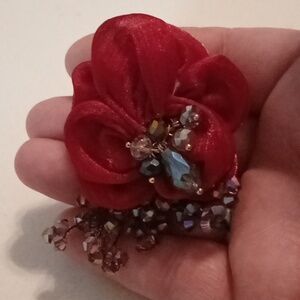 #1019 Red Chiffon Ribbon Rose And Faceted Glass Beaded Flower Brooch